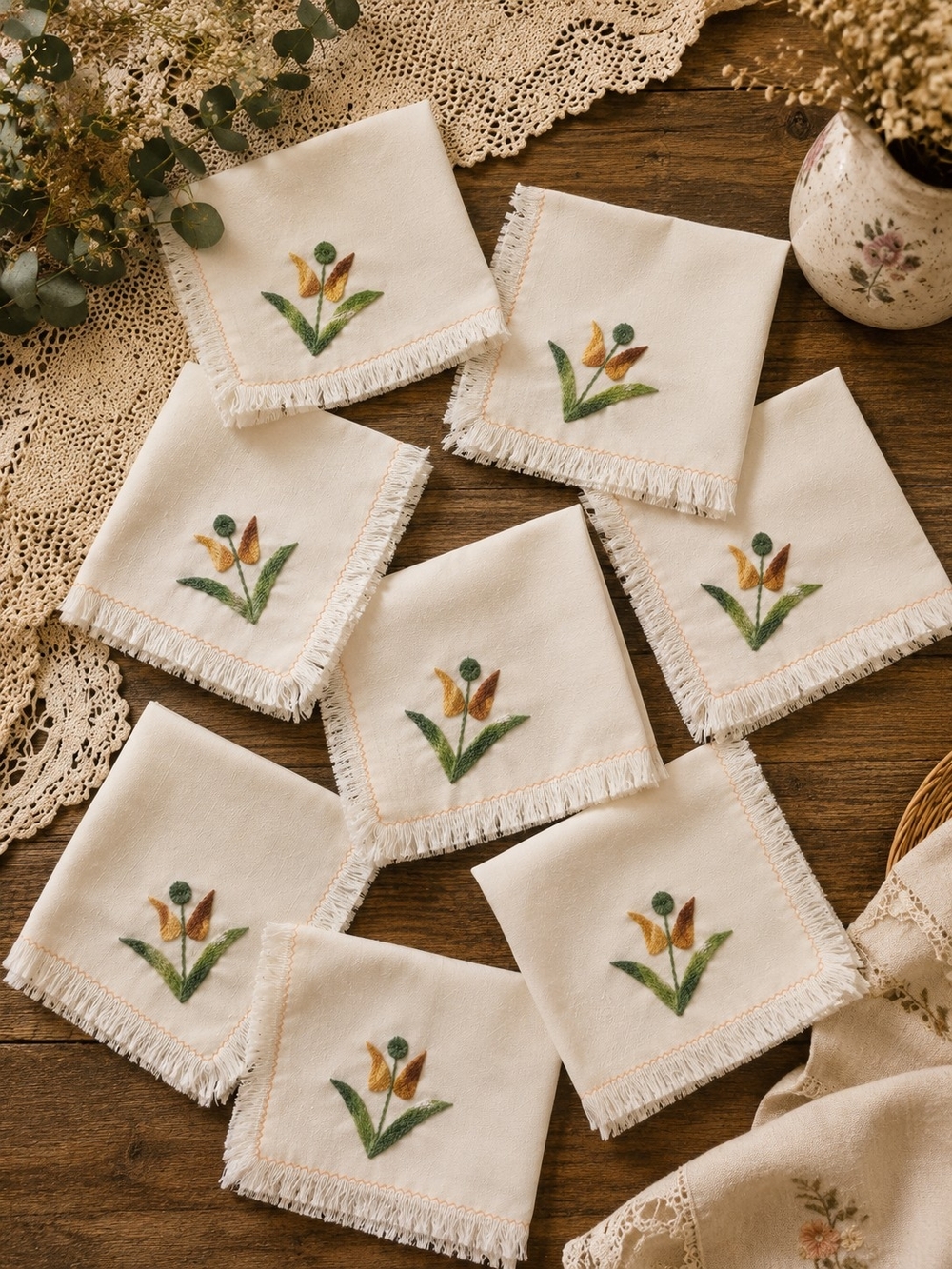 Vintage Tulip Embroidered Fringe Napkins Set 8 Prairiecore
